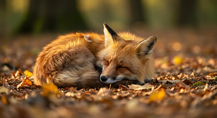 "A close-up shot of a red fox sleeping curled up on a bed of golden autumn leaves in a serene forest clearing during golden hour. 