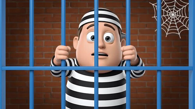 Cartoon character in prison behind bars, representing confinement for legal or educational content