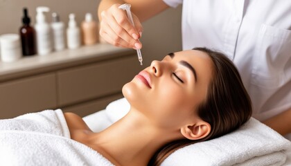 Front view of a cosmetologist applying serum to a client’s face in a beauty clinic. Ideal for skincare ads, wellness branding, spa promotions, and International Aesthetic Medicine Day visuals.