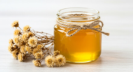Golden honey in a jar with dried flowers on a white wooden surface