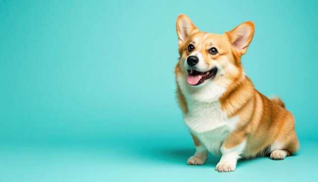 Corgi dog sitting isolated on a blue studio background with copy space. Ideal for pet care branding, advertising, social media content, and International Dog Day campaigns.
