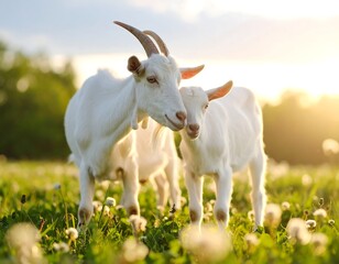 Two white goats in a field of dandelions at sunset