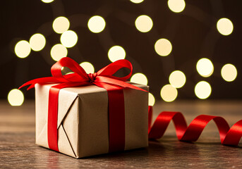Festive gift box with red ribbon and bokeh lights
