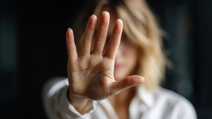 In a calm indoor environment, a woman raises her hand to signal stop as she addresses harassment, visibly expressing defiance and courage against inappropriate behavior