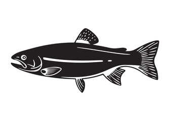Salmon Silhouette Illustration with Detailed Fins and Scales in Black and White.
