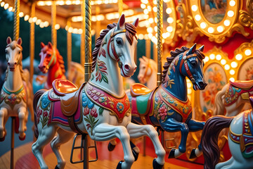 A classic merry-go-round carousel with colorful horses in an amusement park offers a fun ride for children