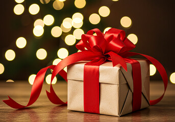 Festive gift box with red ribbon and bokeh lights