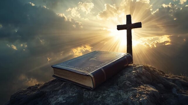 An open Bible and a cross are placed on a rocky terrain with sunlight breaking through clouds during a serene sunset