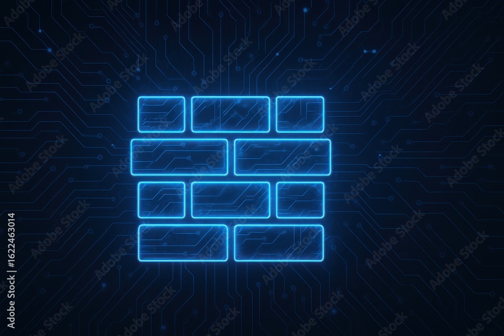 Poster futuristic digital wall featuring neon brick pattern with circuit board background for technology an