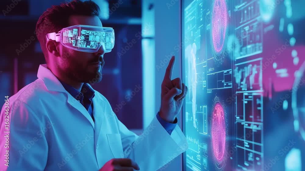 Poster researcher man in a lab uses virtual reality goggles to engage with a holographic interface showcasi