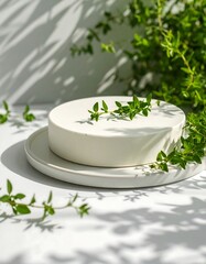 White cake platter with greenery
