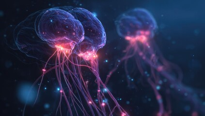 Naklejka premium Two glowing jellyfish, vibrant pink and blue, in deep dark water