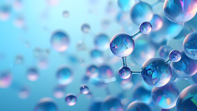  Abstract scientific representation of molecular structure with aqua blue bokeh light, Drops of transparent water on a blue background create a shiny, clean, and bright texture