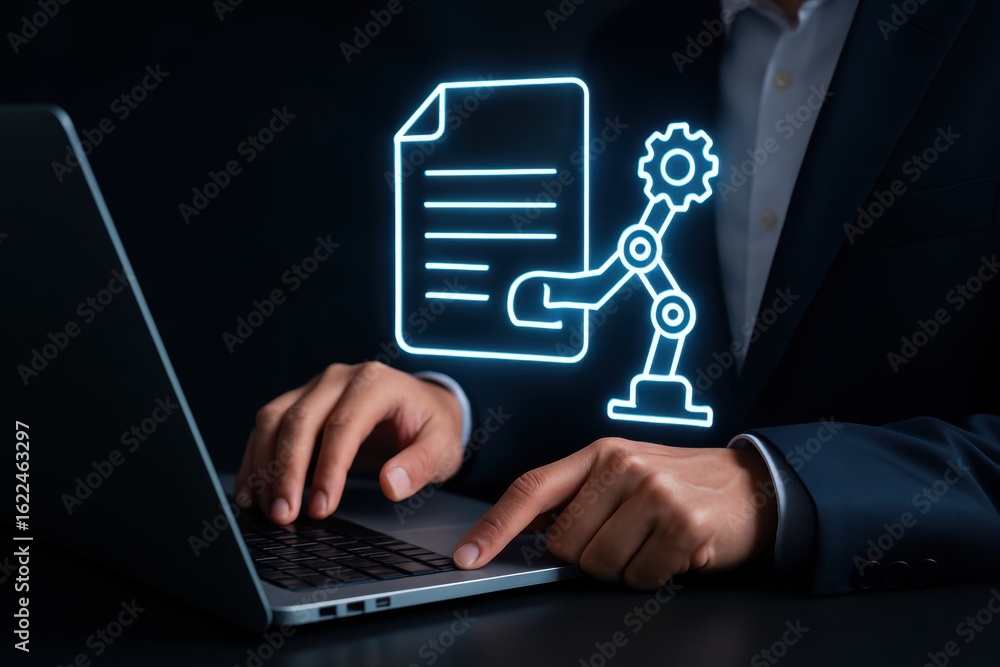 Poster business professional using laptop with robotic automation graphic for digital transformation concep