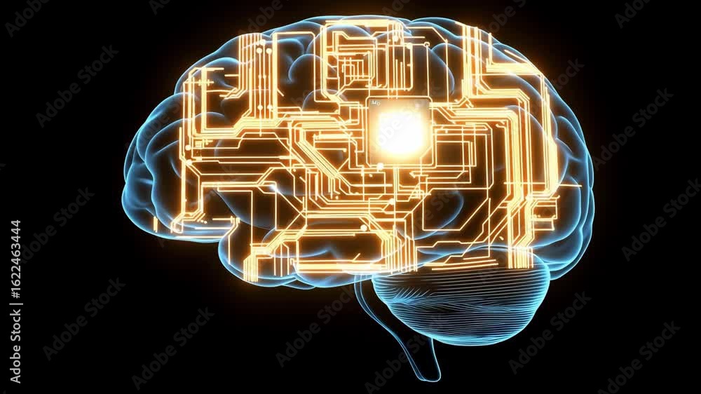 Poster tech and human cognition with circuits highlighting brain activity over black background
