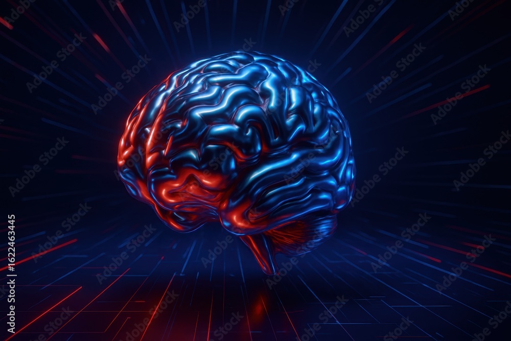 Poster futuristic 3d illustration of human brain with neon colors and dynamic motion effect on dark backgro