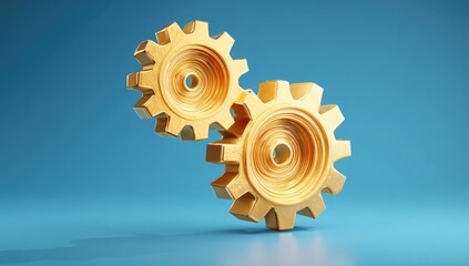Two golden gears interlocked against a light blue backdrop
