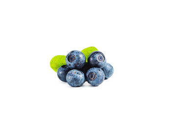 Ripe fresh blueberries with leaves isolated on white.