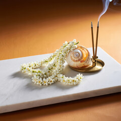 Incense sticks burning with smoke, a white flower garland, and a seashell on a marble surface