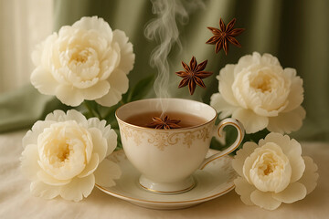 Elegant teacup with ornate rim, steam, and star anise, framed by blooming peonies and soft green drapery