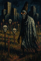Dark Figure Among Speared Skulls