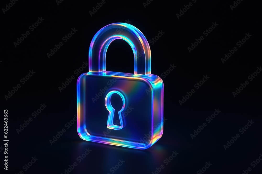 Poster colorful transparent padlock with keyhole on dark background for concepts of security and protection