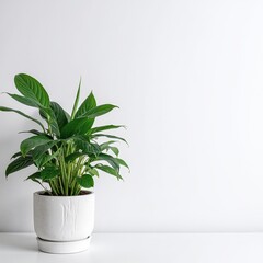 Fototapeta premium A vibrant green plant with lush leaves sits in a sleek white pot, elegantly placed atop a wooden table, adding a touch of nature to the room.