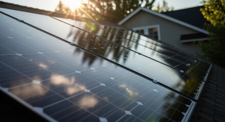 Closeup of photovoltaic modules reflecting sunlight on suburban house