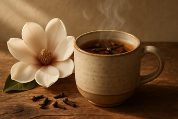Handcrafted ceramic mug of spiced tea with cloves and magnolia blossom on rustic wood table