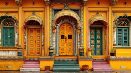 Ornate building facade with colorful doors, arches, and detailed trim