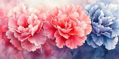 Fototapeta premium Beautiful watercolor illustration of three pink and blue carnation flowers with soft edges
