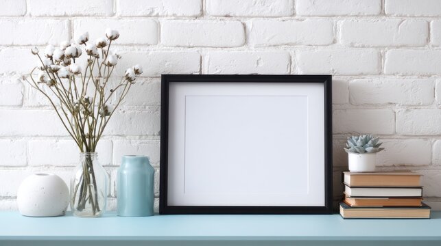 Blank frame mockup on blue table with decorations against a white brick wall