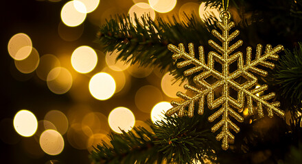 Golden snowflake ornament on a christmas tree with bokeh lights