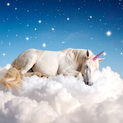 White unicorn sleeps on cloud