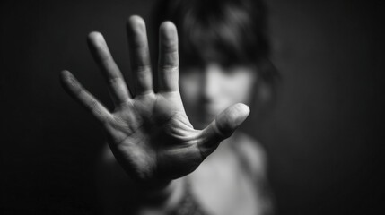 A person stands defiantly in a dark environment, raising their hand to signal a boundary while conveying a powerful message against harassment. The focus is on their determined expression