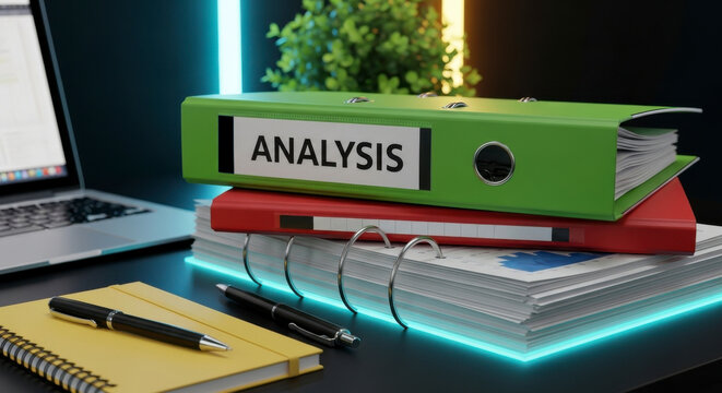 A green binder labeled "ANALYSIS" stacked on top of a red binder and papers, with a laptop, notebook, and pens on a desk