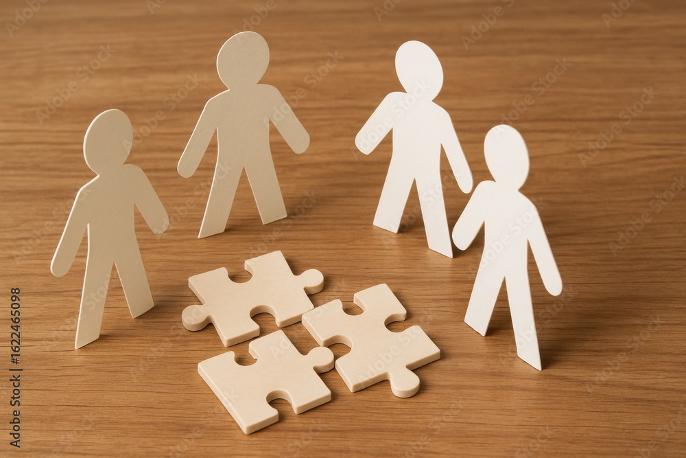 Poster wooden figures representing teamwork and collaboration standing around colorful puzzle pieces on a w
