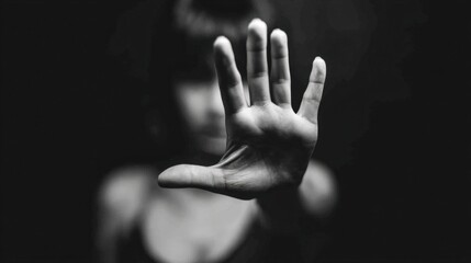 A person stands defiantly in a dark environment, raising their hand to signal a boundary while conveying a powerful message against harassment. The focus is on their determined expression