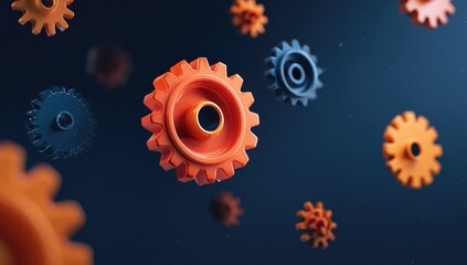Floating gears in various shades of orange and blue