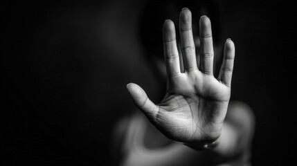 A person stands defiantly in a dark environment, raising their hand to signal a boundary while conveying a powerful message against harassment. The focus is on their determined expression.