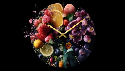 A clock face composed of various fruits and vegetables, with splashes of juice