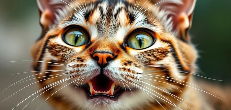 Close-up tabby cat, green eyes wide, mouth open, playful expression,  pet,   pet photography