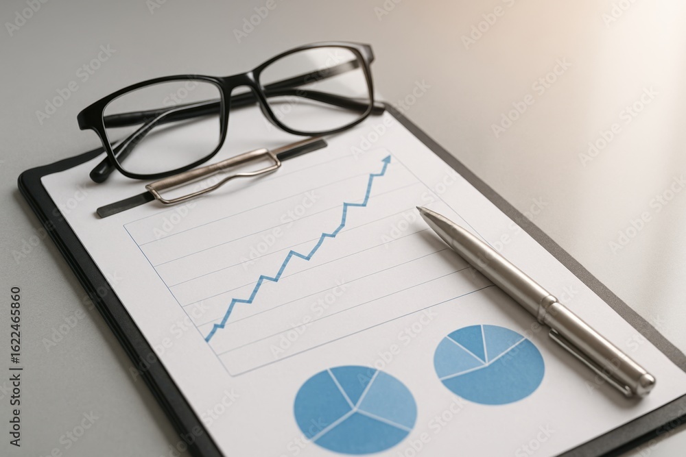 Poster business analysis tools with graphs and charts on clipboard with eyeglasses and pen for professional