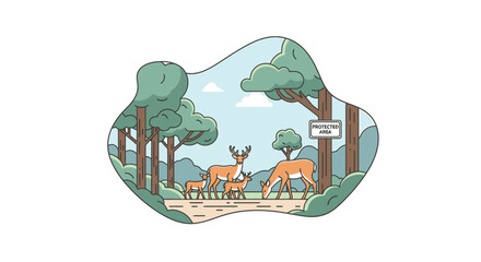 Naklejka premium A Serene Scene of Deer Grazing Peacefully in a Lush Forested Area, Emphasizing Wildlife Conservation with a 'Protected Area' Sign among Verdant Trees and Soft Pastel Colors