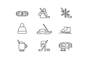 Ice hockey rink player puck skates snowflake warm drink fire pit vector