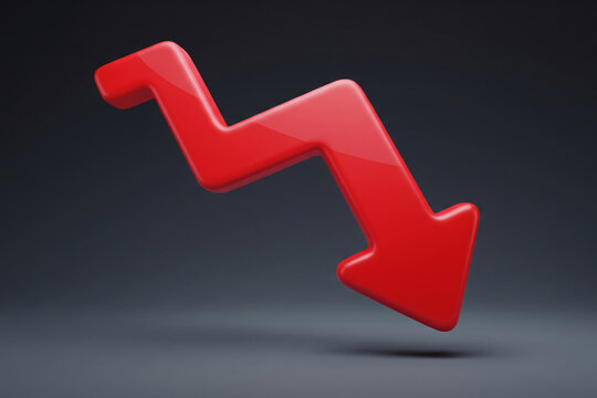 Glossy Red Zigzag Arrow Plunging Downward, Symbolizing a Sharp Financial Decline