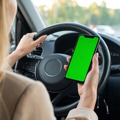 Woman driving, holding phone with green screen
