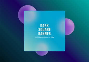 Dark square glassmorphism banner with glowing spheres on gradient background