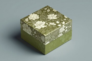 Square olive-green gift box with white floral design