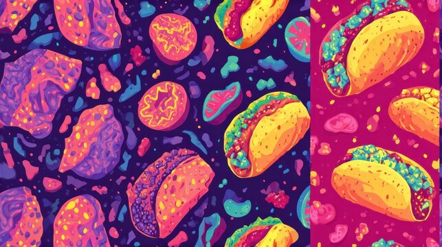 A vibrant digital illustration showcasing a colorful pattern of tacos and food elements